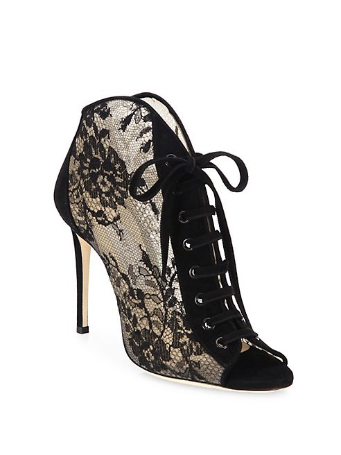 Jimmy Choo - Freya 100 Lace & Suede Lace-Up Booties