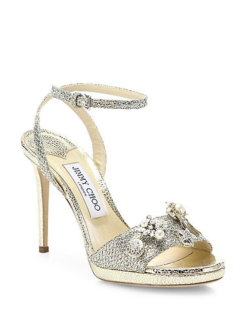 Jimmy Choo - Electra 100 Crystal-Button Glitter Ankle-Strap Sandals