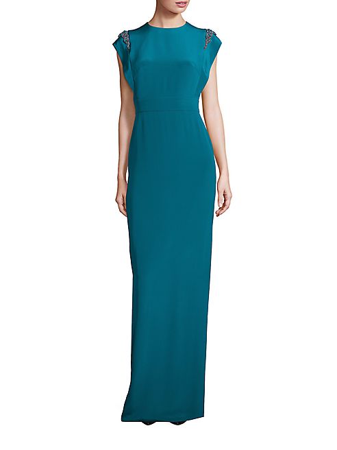 Theia - Cap Sleeve Beaded Shoulder Gown