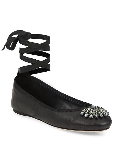 Jimmy Choo - Grace Crystal-Embellished Leather Ankle-Wrap Ballet Flats