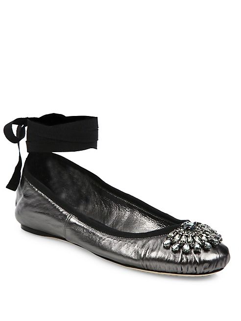 Jimmy Choo - Grace Crystal-Embellished Metallic Leather Ankle-Wrap Ballet Flats