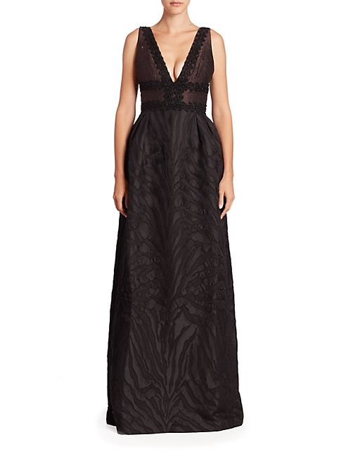 ML Monique Lhuillier - Beaded Jacquard A-Line Gown