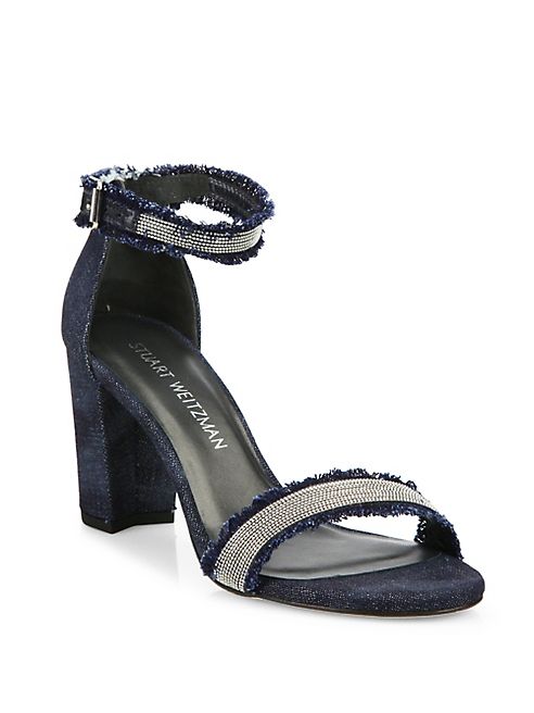 Stuart Weitzman - Chaingang Frayed Denim Block Heel Sandals