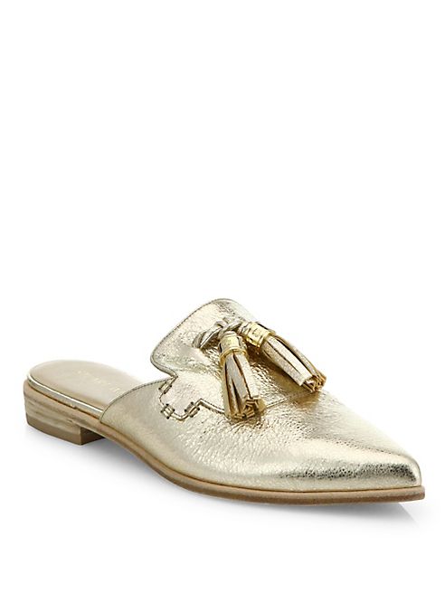 Stuart Weitzman - Slidealong Tasseled Metallic Leather Mules