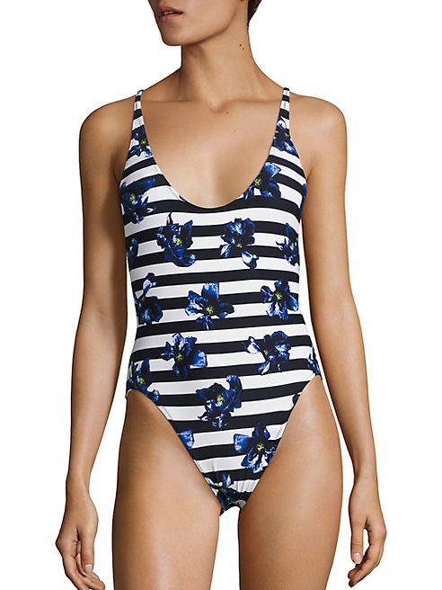 Proenza Schouler - Striped Falling Flowers Maillot Swimsuit