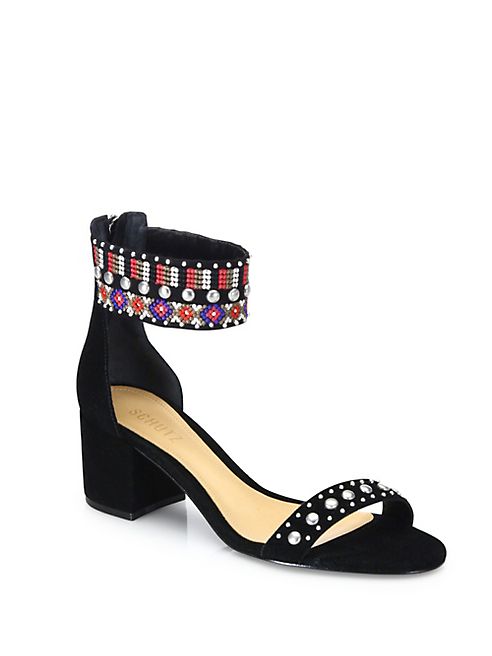 Schutz - Naharis Embroidered Suede City Sandals