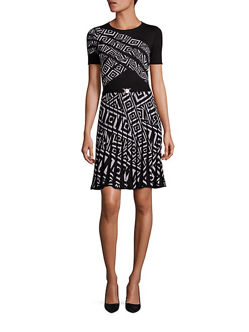 Versace Collection - Square-Print Knit Fit-&-Flare Dress