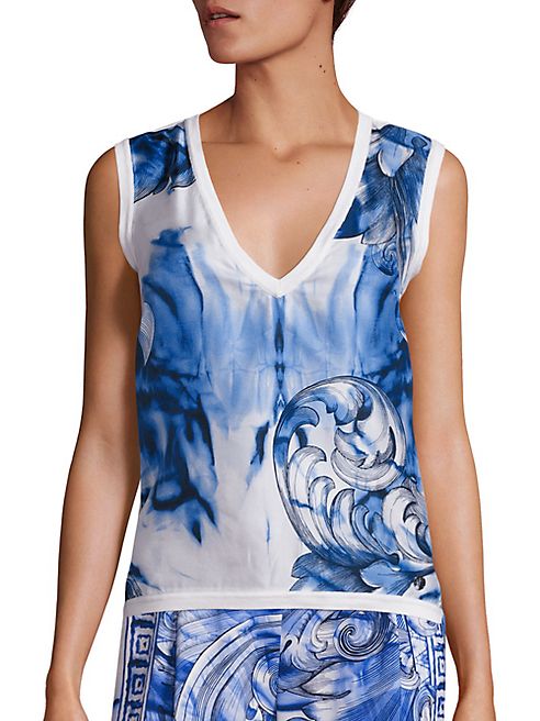 Versace Collection - Printed Silk & Cotton V-Neck Shell