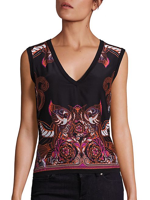 Versace Collection - Printed Silk & Cotton V-Neck Shell