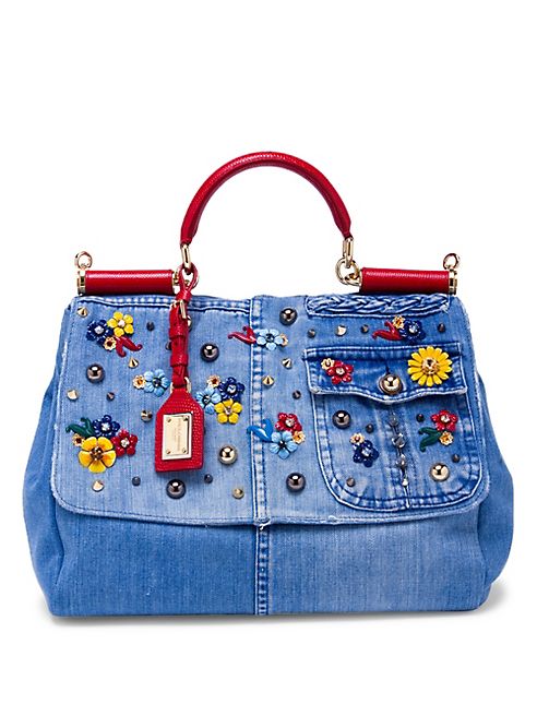 Dolce & Gabbana - Sicily Floral-Embellished Denim Top Handle Satchel