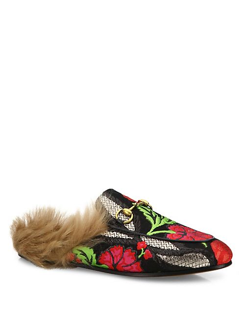 Gucci - Gucci Princetown Floral Brocade & Lamb Fur Mule Slides