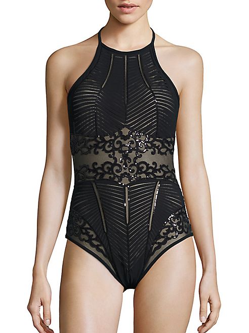 Gottex Swim - Dusky Onyx One-Piece Laser-Cut Sequined Swimsuit