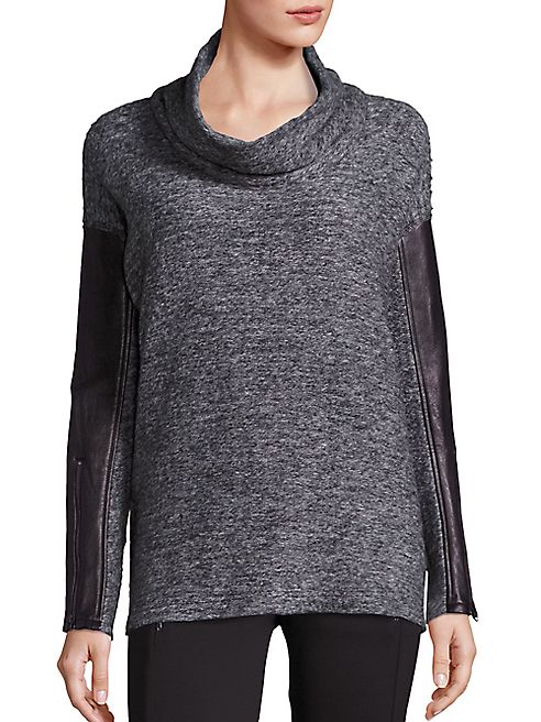 Blanc Noir - Leather Trim Cowlneck Sweater