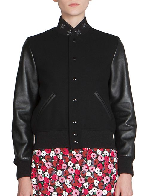 Saint Laurent - Leather-Sleeve & Star Collar Teddy Jacket