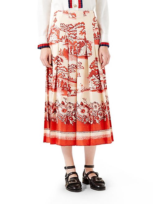 Gucci - Porcelain Garden-Print Pleated Silk Skirt