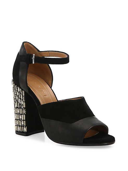 Marni - Embellished Block Heel Suede & Leather Ankle-Strap Sandals