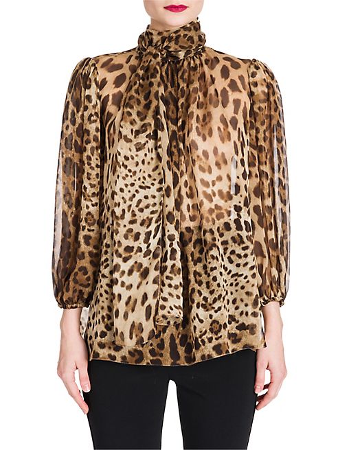 Dolce & Gabbana - Leopard Print Chiffon Tie-Neck Blouse