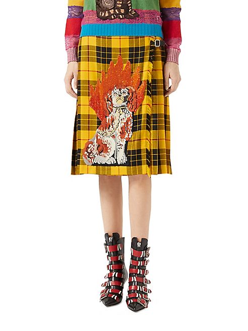 Gucci - Embroidered Tartan Wool Skirt