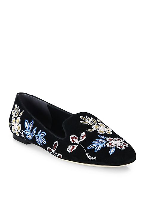 Tory Burch - Embroidered Suede Smoking Loafers