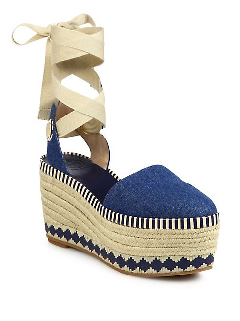 Tory Burch - Dandy Denim Ankle-Wrap Wedge Platform Espadrilles