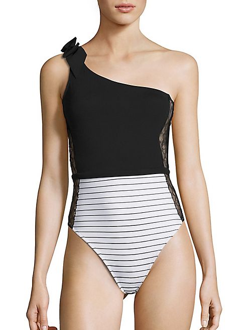 Fleur du Mal - One-Piece Striped Lace Insert One-Shoulder Swimsuit