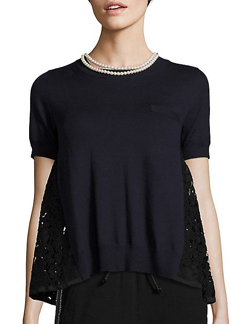 Sacai - Faux-Pearl Necklace & Knit Lace-Back Top