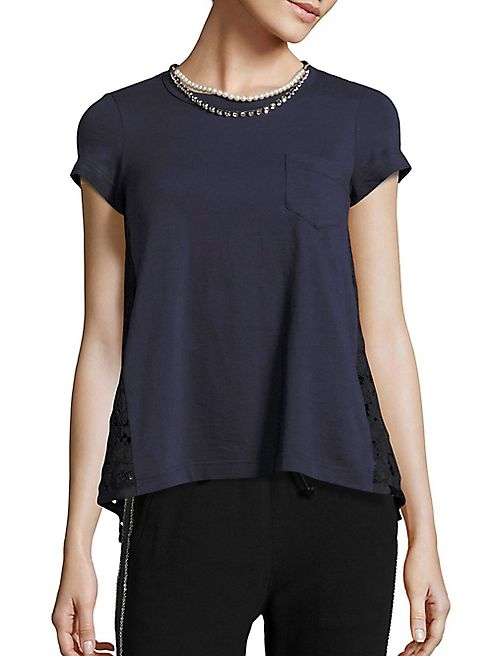 Sacai - Faux-Pearl Necklace & Knit Lace-Back Pocket Tee