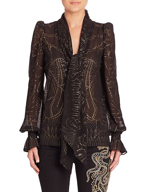 Roberto Cavalli - Metallic Georgette Tie Neck Blouse