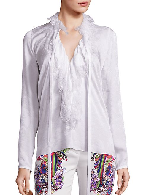 Roberto Cavalli - Ruffled Lace Silk Chiffon Tie Neck Blouse