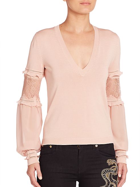 Roberto Cavalli - Lace-Inset V-Neck Sweater