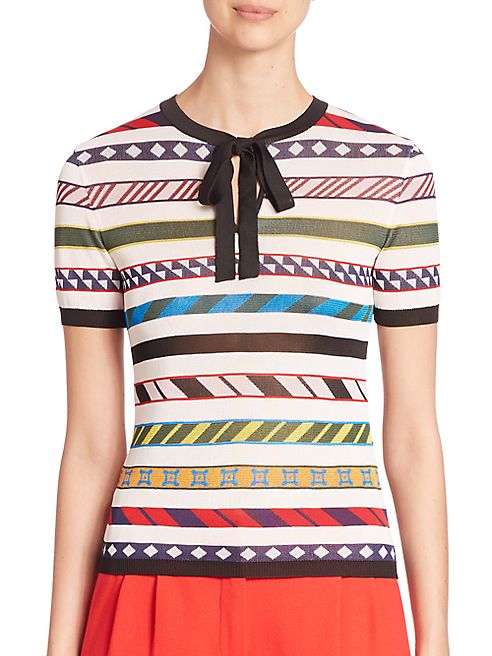 Mary Katrantzou - Regine Short-Sleeve Tie-Neck Striped Top