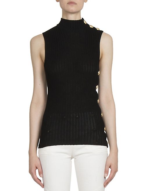 Balmain - Sleeveless Mockneck Rib-Knit Cotton Top