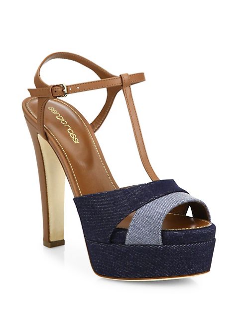 Sergio Rossi - Edwige Denim & Leather Platform T-Strap Sandals