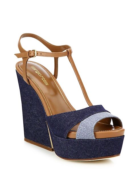 Sergio Rossi - Edwige Denim & Leather Platform T-Strap Wedge Platform Sandals