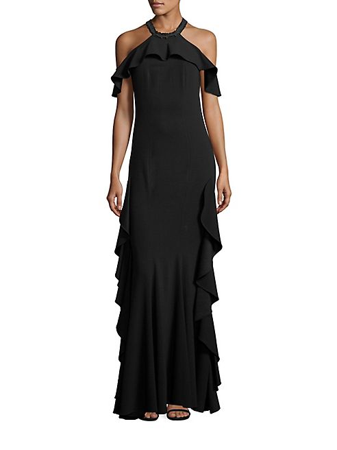 ZAC Zac Posen - Ruffled Cold-Shoulder Halter Gown