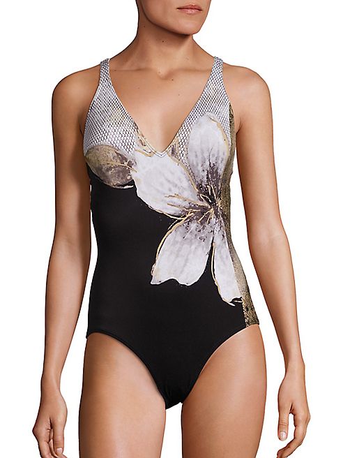 Carmen Marc Valvo - Guilded Garden V-Neck One-Piece Swimsuit