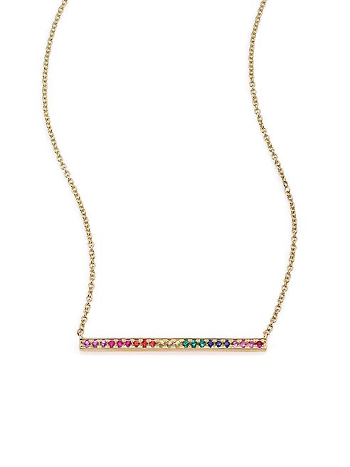 Sydney Evan - Rainbow Multicolor Sapphire, Emerald & 14K Yellow Gold Long Bar Necklace