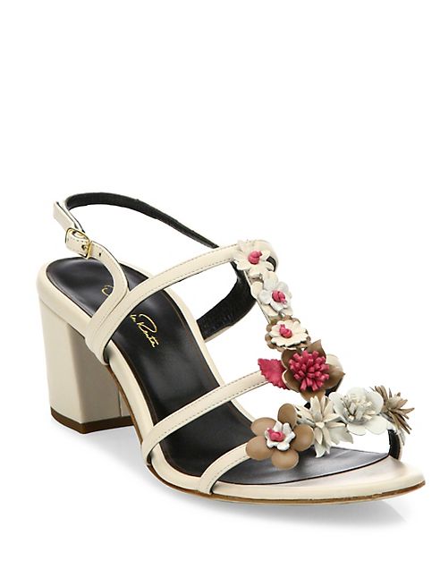 Oscar de la Renta - Flower Embellished Lambskin Leather Sandals