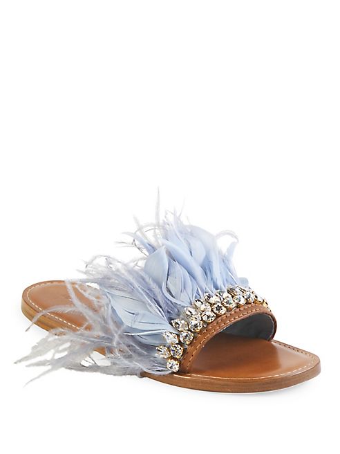 Miu Miu - Jeweled Feather & Leather Slides