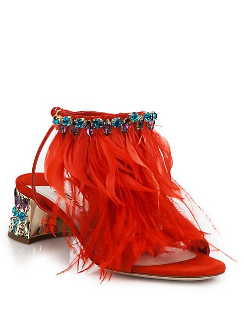 Miu Miu - Jeweled Metallic Heel Suede & Feather Sandals