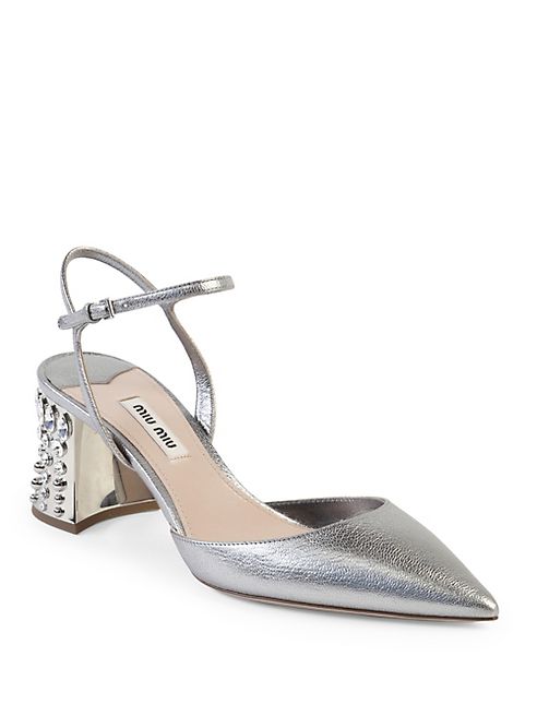 Miu Miu - Jeweled Heel Metallic Leather Pumps