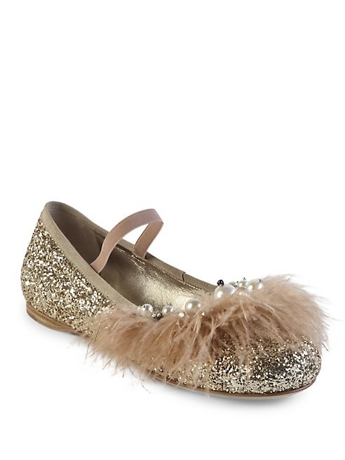 Miu Miu - Jeweled Feather & Glitter Ballet Flats