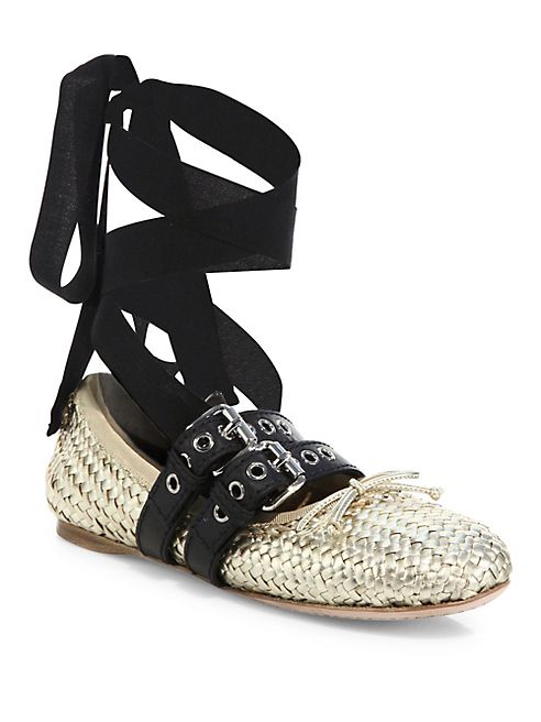 Miu Miu - Belted Woven Metallic Leather Ankle-Wrap Ballet Flats