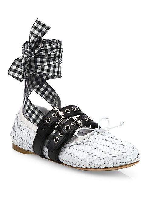 Miu Miu - Double Strap Woven Leather Lace-Up Ballet Flats