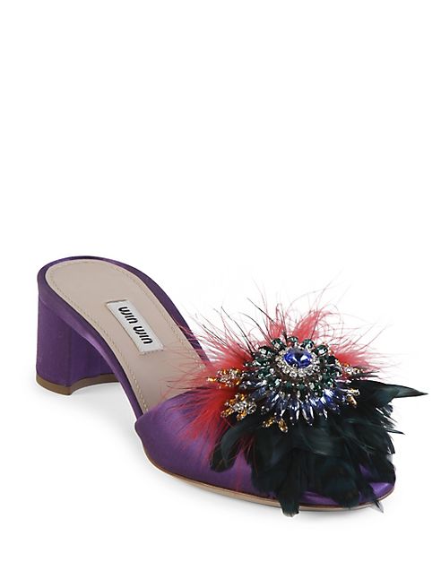 Miu Miu - Jeweled Feather & Satin Block Heel Slides