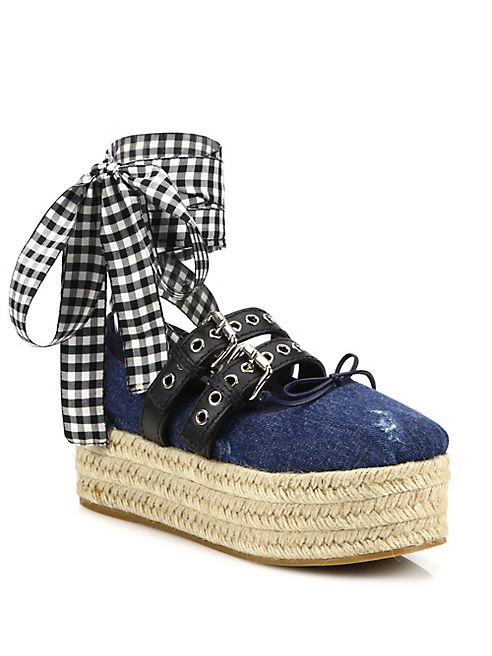 Miu Miu - Denim Lace-Up Platform Espadrille Ballet Flats