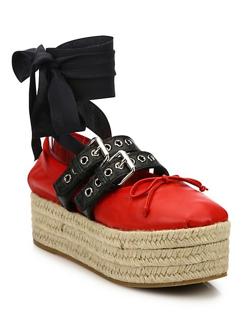 Miu Miu - Leather Lace-Up Platform Espadrille Ballet Flats