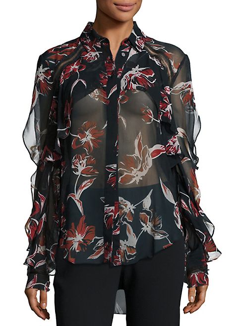 NICHOLAS - Silk Floral-Print Ruffle Shirt