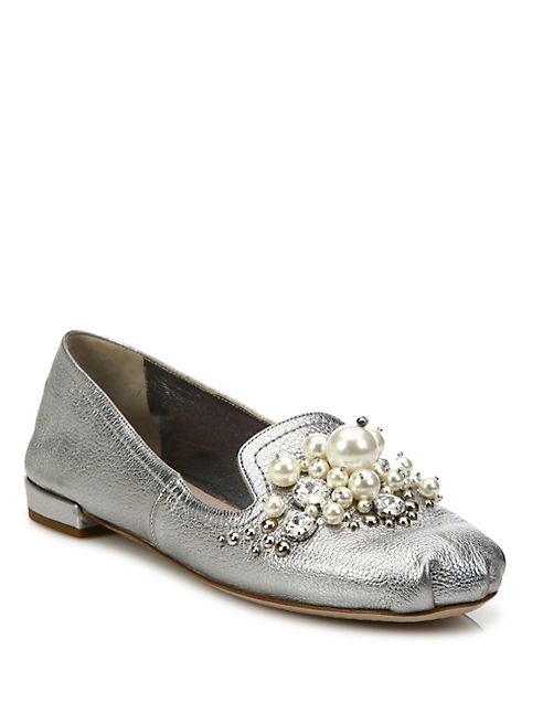 Miu Miu - Jeweled Metallic Leather Loafers