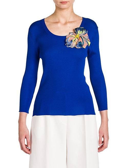 Fendi - Flower-Detail Three-Quarter Sleeve Rib-Knit Silk Sweater